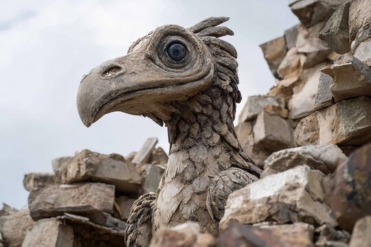 statue of extinct bird broken in ruins