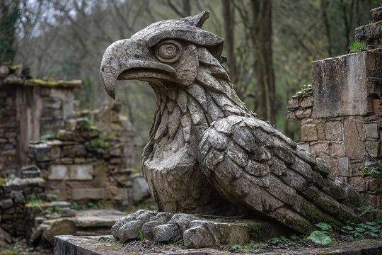 statue of extinct bird broken in ruins