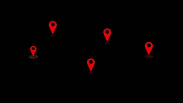 Animated connected location pins with glowing route lines on black background. Ideal for GPS tracking, logistics, travel routes, navigation apps, transportation and motion graphics.