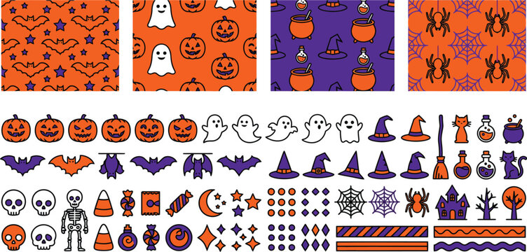 Halloween vector design kit with seamless patterns transparent background