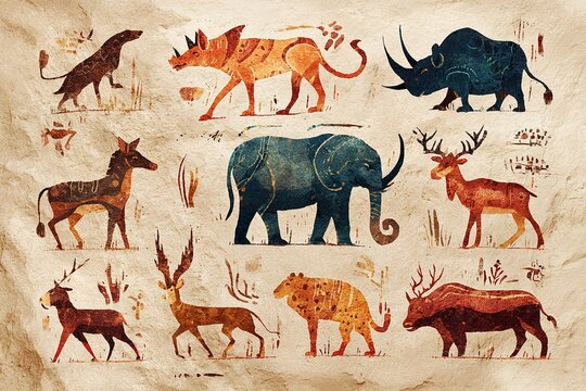 stylized cave painting of endangered animals