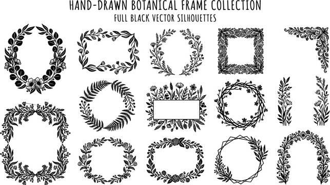 Hand, drawn, botanical, frame, collection, black, vector, silhouettes, floral, borders, wreath, design, elements, wedding, invitation, card, background, illustration, set, isolated