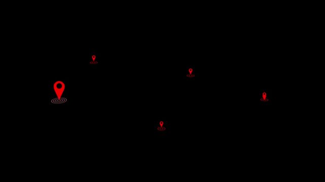 Multiple glowing location pins connected by animated routes on black background. Perfect for logistics networks, GPS navigation, transportation systems, travel planning and digital map graphics.
