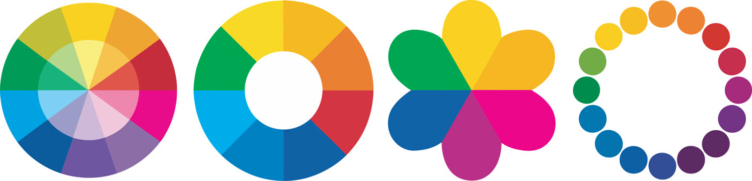 Color circle chart featuring a full spectrum color wheel with primary, secondary and tertiary colors, harmony guides and radial gradient palette for artists, designers and visual branding reference.