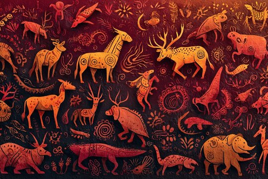 stylized cave painting of endangered animals