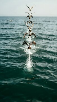 Group of Seagulls Diving in Midair Before Landing on Ocean Surface