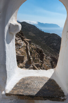 Panagia Chozoviotissa Monastery Amorgos Greece, Balcony Window View over Palia Strata Trail, Aegean Sea, Cliffs and Mountain Landscape
