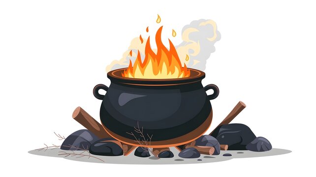 Black iron witch cauldron with fire burning on wood logs