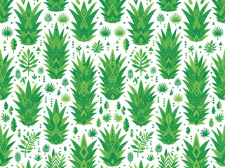 Fototapeta premium Pineapples arranged in a repeating geometric pattern display vibrant shades of green and intricate botanical details on a clean white background.