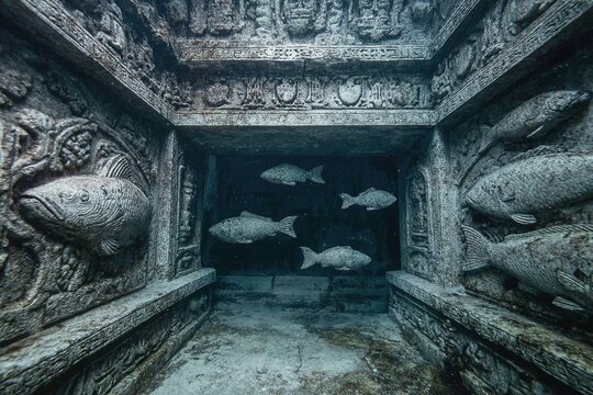 underwater temple with extinct fish carvings