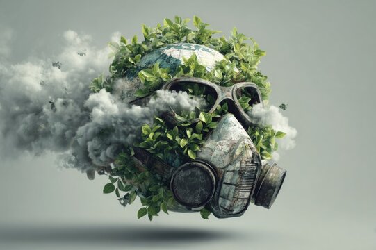 A globe wearing a protective mask that is filtering out gray smoke into green leaves.