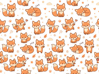 Obraz premium Foxes appear in a playful repeating pattern featuring soft orange fur textures and whimsical sleeping poses on a white backdrop.