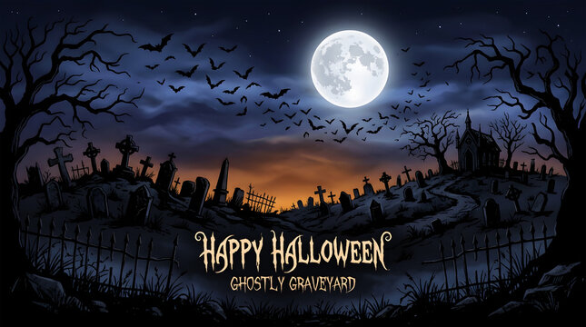 Spooky graveyard at night with foggy trees and full moon