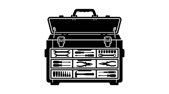 Open toolbox with various hand tools silhouette.