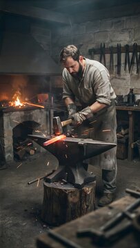 Skilled blacksmith forging heated metal with hammer in traditional workshop