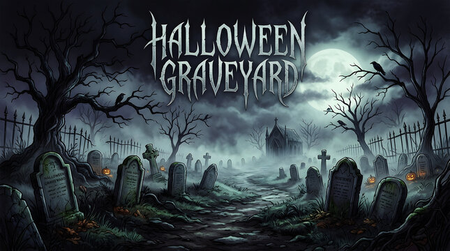 Spooky halloween graveyard with fog, tombstones, and full moon bats