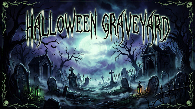 Spooky halloween graveyard with haunted castle, fog, moon, and tombstones