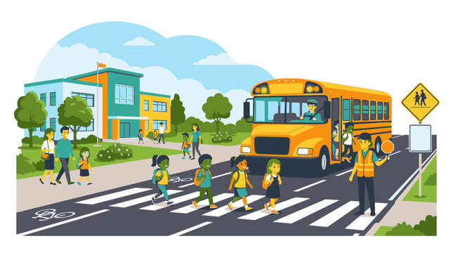 Illustration of children and adults crossing the road with a school bus stopped at a crosswalk on a suburban street with a pedestrian sign and school building in the background under a