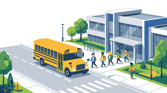 Illustration of a yellow school bus stopping at a crosswalk in front of a modern school building with students walking on the sidewalk.