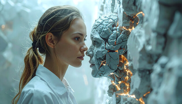 Woman connecting with breaking artificial intelligence brain