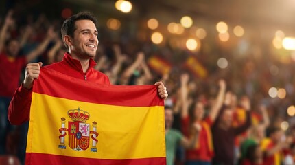 Spanish football fan celebrating with national flag in stadium