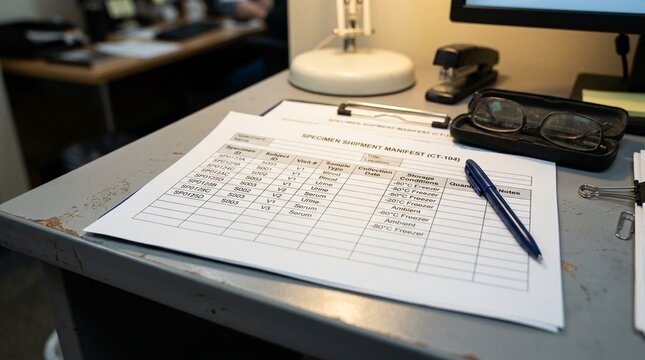 Sample manifest form for a clinical trial shipment listing specimen IDs and visit numbers and storage conditions on a coordinator desk
