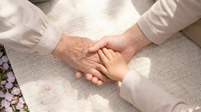 Three generations of hands holding each other with elderly grandmother adult mother and small child outdoor