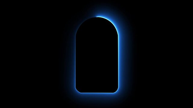 Glowing golden arch frame on black background with neon gradient border. Modern overlay background