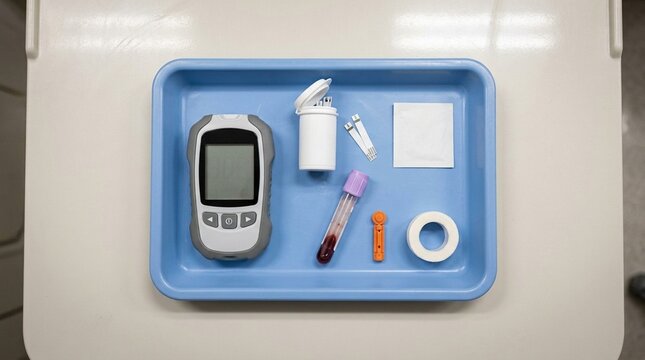Portable lactate meter with a test strip dispenser and a capillary blood collection tube on an emergency department tray
