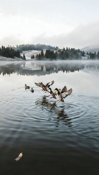 Serene lakeside scene with ducks and wakeboarding activity under cloudy sky