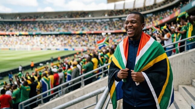 South African football fan celebrating in stadium