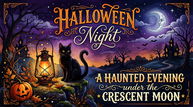 Spooky halloween night with haunted house and crescent moon