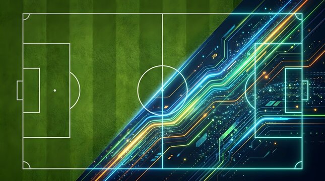 Creative Concept of Soccer Pitch Blending into Glowing Cyber Digital Circuit Board Patterns and Networks