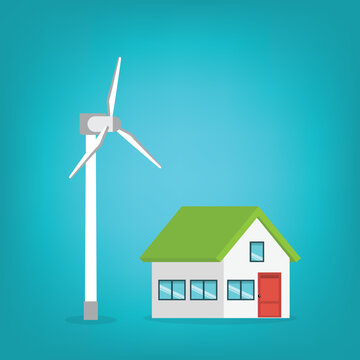 Eco Friendly Smart Home with Wind Turbine Renewable Energy Flat Vector Illustration