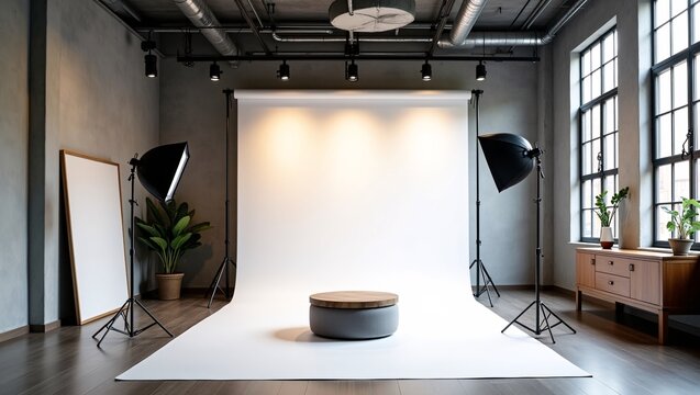 Loft photo studio with white backdrop, dual softbox lights and round display stool