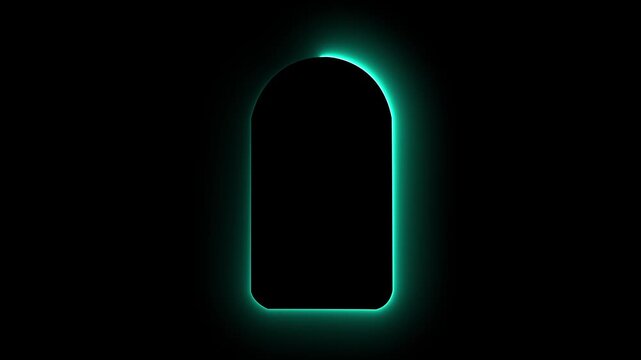 Glowing golden arch frame on black background with neon gradient border. Modern overlay background