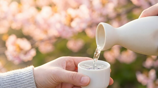 Hand pouring traditional Japanese sake wine from ceramic bottle into a cup with cherry blossom bokeh