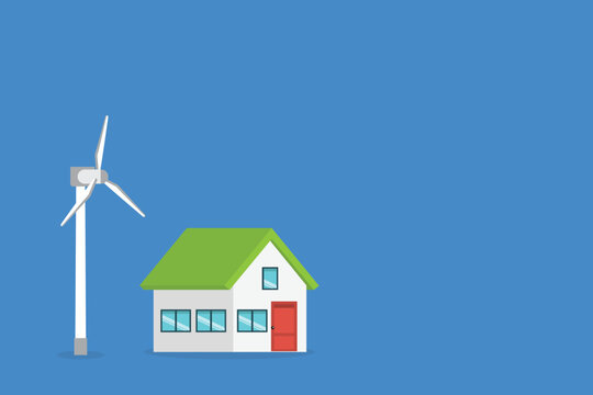 Eco Friendly Smart Home with Wind Turbine Renewable Energy Flat Vector Illustration