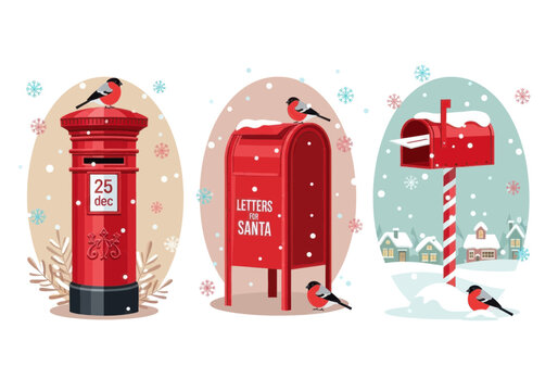 Set of three red christmas mailboxes with birds and snow