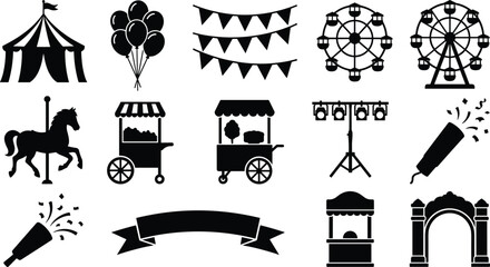 Amusement park and carnival festival vector silhouette icon set featuring circus tent ferris wheel carousel and popcorn cart shapes © MdAbulkalam