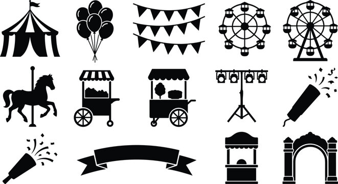 Amusement park and carnival festival vector silhouette icon set featuring circus tent ferris wheel carousel and popcorn cart shapes
