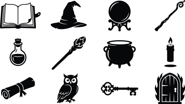 Magic wizard attributes and witchcraft tools vector icon set featuring spellbook witch hat crystal ball cauldron potion and owl silhouettes