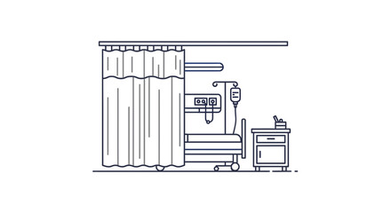 Obraz premium Hospital Room Scene Illustration: Medical Treatment Behind Privacy Curtains, Vector Graphics