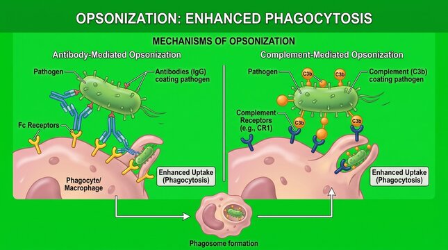 Enhanced Phagocytosis Process with Opsonization Coating Pathogen in Medical Illustration