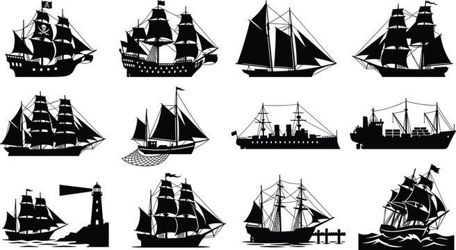 Vintage sailing ships and historical maritime vessels vector icon set featuring pirate galleon frigate caravel cargo steamship and lighthouse silhouettes