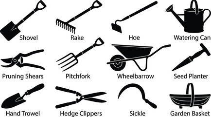 gardening and farming tools vector icon set featuring shovel rake hoe watering can pruning shears pitchfork wheelbarrow and sickle silhouettes © MdAbulkalam