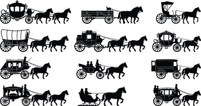 horse drawn carriage and wagon silhouettes vector icon set featuring stagecoach chariot hearse sleigh and royal buggy transport collection