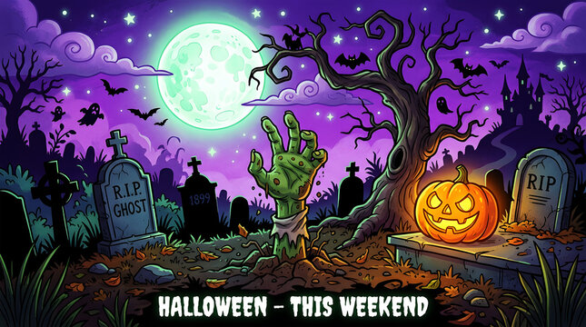 Spooky halloween scene with glowing pumpkin, tombstone, bat, and ghost in dark forest