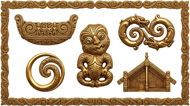 Traditional Maori wood carving collection, indigenous New Zealand cultural symbols and tiki figure, ornate wooden tribal art set with koru and manaia isolated PNG with Transparent Background