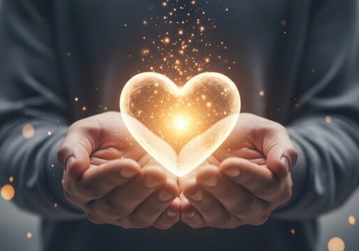 Close-up of hands holding glowing abstract heart symbolizing love and kindness with kindness compassion abstract